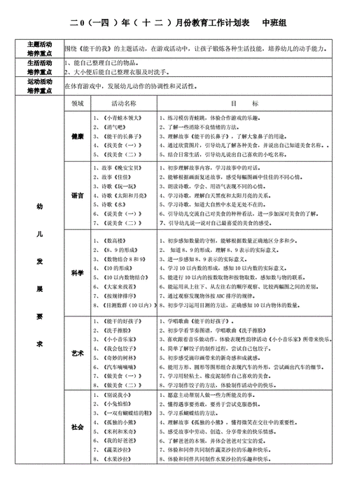 领域语言（幼儿园中班12月份月计划表五大领域语言）